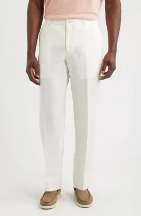 Berle Flat Front Slub Linen Chambray Dress Pants in White at Nordstrom, Size 40