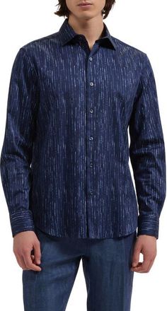 Bugatchi Axel Shaped Fit Chalk Stripe Stretch Cotton Button-Up Shirt in Navy at Nordstrom, Size Xxx-Large