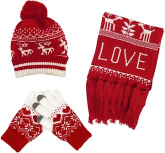 Generic Winter Christmas Beanie Hat Scarf Gloves Set 3 Pieces Soft Warm Christmas Hats Knitted Beanie Cap Neck Warmer Gloves Fleece Lined for Men and Women Ou