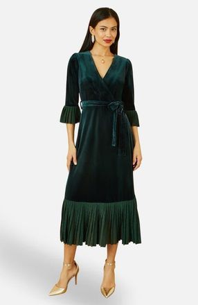 Yumi Velvet Wrap V-Neck Midi Dress in Green at Nordstrom, Size 10