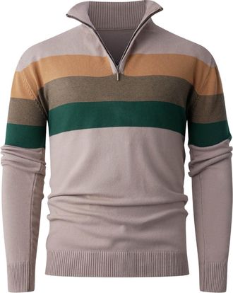 Generic Striped Mens Sweaters - 1/4 Quarter Zip Knitted Men Jumper Mock Collar Long Sleeve Warm Tops Autumn Winter Regular Fit Pullovers 1/2 Half Zip Casual C
