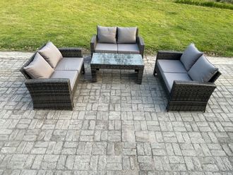 Fimous 6 Seater Rattan Wicker Garden Furniture Patio Conservatory Sofa Set with Coffee Table Double Seater Sofa in Dark Grey