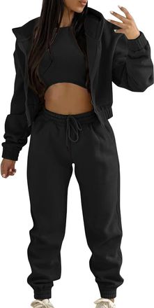 Generic Womens Casual Stylish Tracksuit Set Long Sleeve Solid Tops and High Elastic Waist Straight Trousers Hoodie Jogger 3 Piece Loungewear Outfit Track Suit