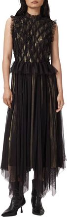 AllSaints Lola Metallic Tulle Asymmetric Midi Dress in Black/Metallic Gold at Nordstrom, Size 8 Us