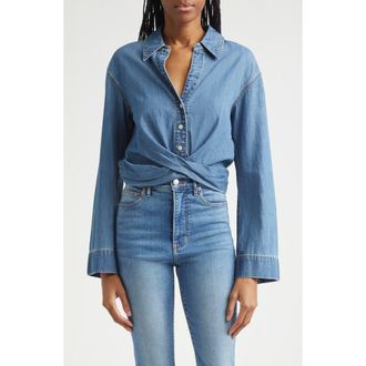 Veronica Beard Timothy Crop Twist Button-Up Denim Shirt in Ripple Haze at Nordstrom, Size 14