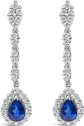 House of Brilliance 18K White Gold 1 3/5 Cttw Diamond and 7X5 MM Pear Shaped Blue Sapphire 1 1/3 Inch Drop and Dangle Halo Earrings