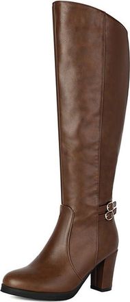 Generic Womens Almond Toe Minimalist Fashion Knee High Riding Boots Side Zipper Buckle Strap Decor Chunky Heels Winter Shoes (5.5,Brown)