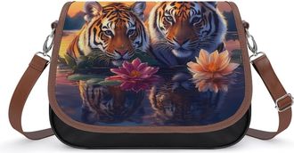 Generic Tiger Sunset Flower Beach Crossbody Bag Womens Handbag PU Message Bags Shoulder Purse with Adjustable Strap
