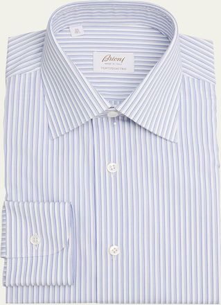Brioni Mens Multi-Stripe Ventiquattro Cotton Dress Shirt