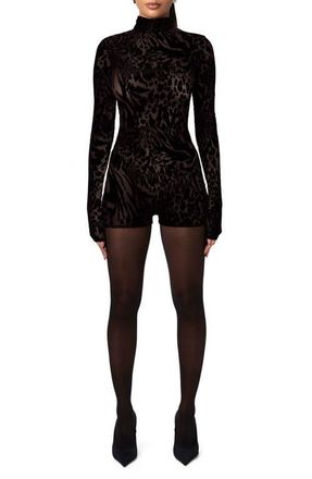 Naked Wardrobe Burnout Mock Neck Long Sleeve Romper in Black at Nordstrom, Size X-Small
