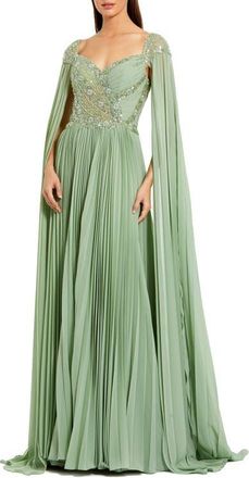 Mac Duggal Cape Sleeve Pleated Charmeuse Beaded Gown in Sage at Nordstrom, Size 10