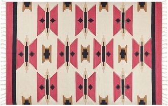 Beliani Alfombra Kilim De Algod&oacute;n Rojo Beige Negro 200 X 300 Cm A Mano Geom&eacute;trico Borlas Garni