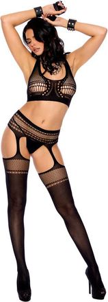 Elegant Moments Crochet Net Cami Top, G-String and Matching Suspender Pantyhose - Black - Os