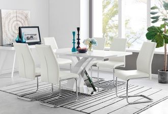Furniturebox Atlanta Modern Rectangle Chrome Metal High Gloss White Dining Table & 6 Lorenzo Chairs Set in Off-White