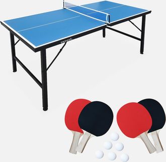 Sweeek Sweeek - Mesa De Ping Pong Interior Plegable Con 4 Raquetas Y 6 Pelotas, Ping Pong, Azul, 150x75x68 Cm