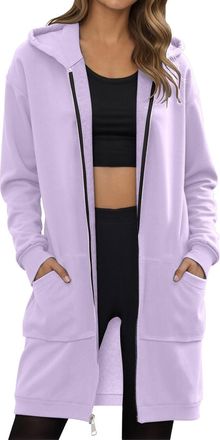Generic Hoodies For Women Uk Longline Solid Thin Fleece Hoody Jackets Full Zip Up Ladies Oversized Hooded Sweatshirts Coat With Ockets Autunm Winter Spring Su