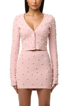 Naked Wardrobe Crop Faux Pearl Cardigan in Cotton Candy at Nordstrom, Size X-Large