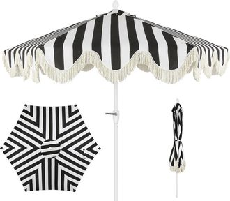 Jonathan Y Designs Collins 9 ft. Classic Cottage Fringe Tassel Market Patio Umbrella with Auto-Tilt Crank in Black/white - White Pole at Nordstrom