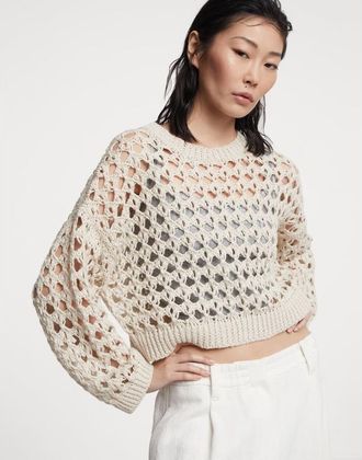 Brunello Cucinelli Beige Openwork Knit Sweater, Size X-Small