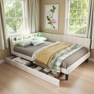 OEM Cama Doble 140x200 Cm Para Adultos, Cama Tapizada 140x200 Cm Con 2 Cajones, 2 Personas, Sof&aacute; Cama Con Led, Somier, Terciopelo Beige