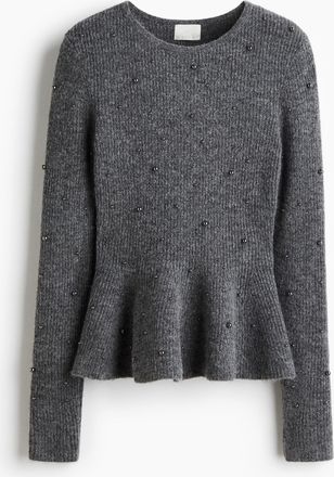 H&M Perlenverziertes Peplumshirt - Grau