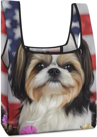 Generic Shih Tzu Dog And Flowers Shopping Bag Reusable Grocery Tote Bag Foldable Handbag for Travel Picnic