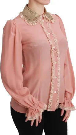 Dolce & Gabbana Pink Silk Gold Sequin Lace Blouse Womens Shirt