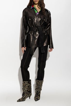 Versace Leather Jacket With Pockets, Womens, Black