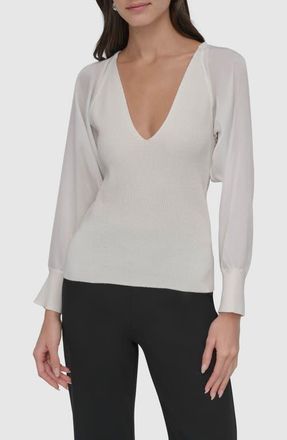 DKNY V-Neck Mixed Media Sweater in Ivy/ivy at Nordstrom, Size Small