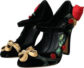 Dolce & Gabbana Womens Black Roses Crystal Brooch Mary Jane Shoes Se+vi