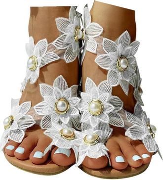 Generic Rhinestone Flat Sandals for Women, Boho 2026 Summer Dressy Flower Pearl Strappy Beaded Ankle Strap Toe Ring Trendy Sandals Casual Comfortable Slip On 