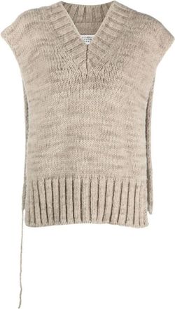 Maison Margiela Distressed Knit V-Neck Vest - female - Maison Margiela - V-neck Knitwear - Beige - M - Knitwear