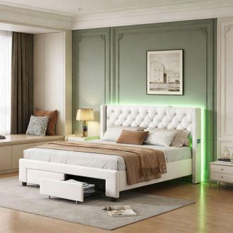 OEM Letto 140x190 Cm Con Rete - Pocketpop - Velluto Bianco Sporco - Porte Usb Integrate - Led E Cassetti