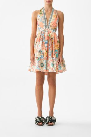 Camilla Ruffle Hem Halter Short Dress in Meet Me In Mallorca at Nordstrom, Size X-Small Au