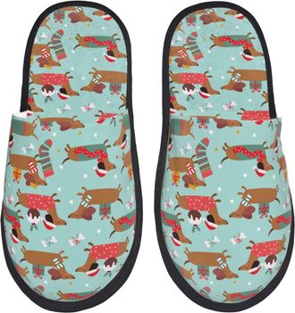 Generic Mens Slipper Dachshund Christmas Play Print Soft Womens Slippers Cosy Lightweight Hotel Slippers Ladies Travel L