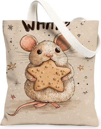Generic Cute Animal Canvas Tote Bags, Adorable Mouse with Star Pattern Reusable Grocery Bags, Lightweight Washable Shoulder Strap F, Beige, 13x15 Inch