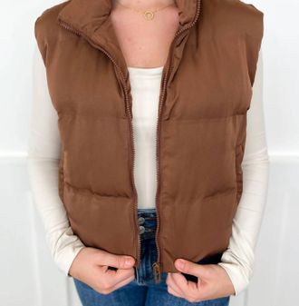 Thread & Supply Living In Style Cropped Puffer Vest In Brown