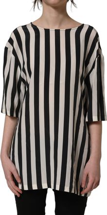 Dolce & Gabbana Womens Black White Stripes Round Neck Blouse Top Silk
