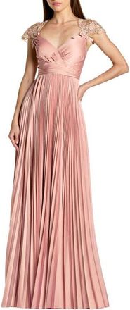Mac Duggal Pleated Charmeuse Embellished Cap Sleeve Gown in Rose at Nordstrom, Size 12