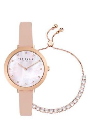 Ted Baker Leather Strap Watch & Crystal Slider Bracelet Set, 37mm in Rose Gold-Tone at Nordstrom Rack