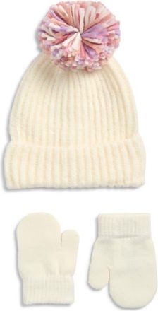 Capelli Kids Fuzzy Knit Pompom Beanie & Gloves Set in Ivory Combo at Nordstrom, Size 12-24 M