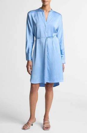 Vince Band Collar Long Sleeve Satin Dress in Hydra at Nordstrom, Size Xx-Small