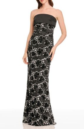 Dress The Population Shay Beaded Floral Strapless Dress in Black-Silver at Nordstrom, Size X-Small