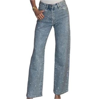 Generic Wide Leg Sparkle Rhinestone Jeans for Women High Waist Cowgirl Outfits Shiny Crystal Embellished Straight Leg Joggers Denim Pant Tummy Control Flared 