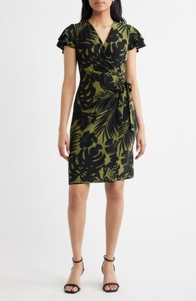 Anne Klein Flutter Sleeve Faux Wrap Dress in Bay Leaf /Anne Black at Nordstrom, Size X-Large