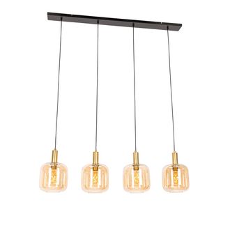 QAZQA Dise&ntilde;o L&aacute;mpara Colgante De Dise&ntilde;o Negra Con Lat&oacute;n Y Cristal &Aacute;mbar 4 Luces - Zuzanna Vidrio /acero Alargada Adecuado Para Led Max. 4 X 40 Watt - Qazqa