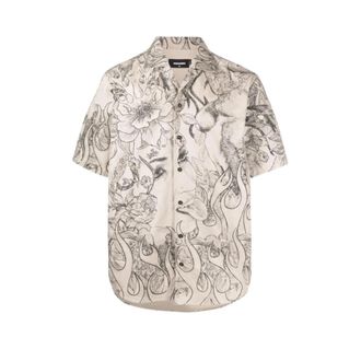 Dsquared2 Katoenen overhemd met korte mouwen en zwarte bloemenprint - Heren - Korte mouwen Overhemden - Beige - L - Katoen - Overhemden