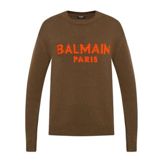 Balmain Logo Wool Jumper Crew Neck Men - male - Balmain - Round-neck Knitwear - Brown - XL - Knitwear