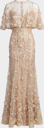 Mac Duggal Beaded Chiffon Lace Cape Trumpet Gown