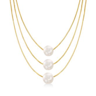 Ross-Simons 9-9.5mm Cultured Pearl 3-Strand Layered Necklace in 18kt Gold Over Sterling